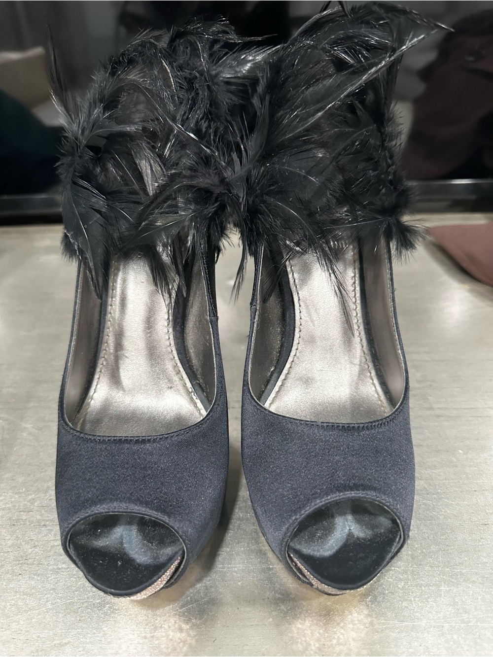 Black Feather Peep-Toe Women's Heels